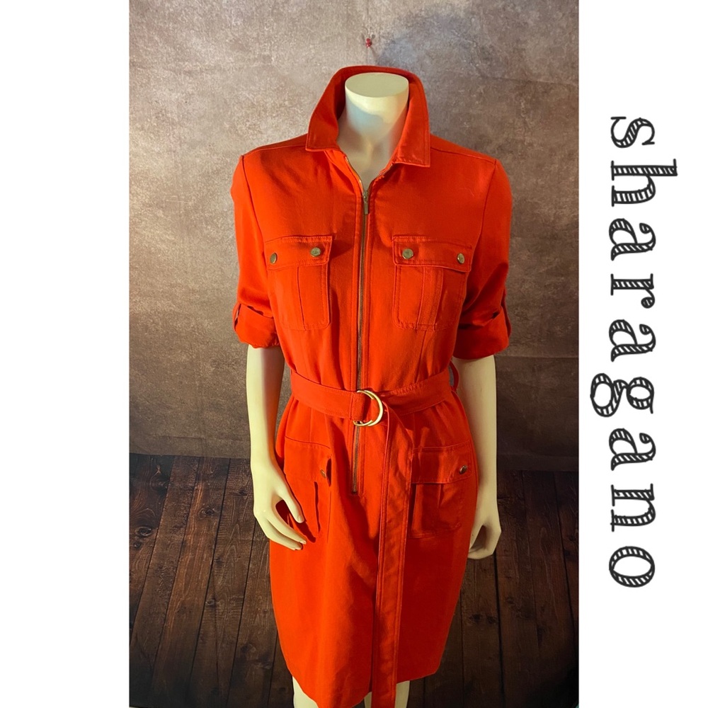 Sharagano Orangey red Stretch Shirt Dress w/belt Size 8-GUC
